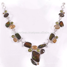 Bela Ammolite E Multi Gemstone 925 Jóias De Prata De Prata Sólida